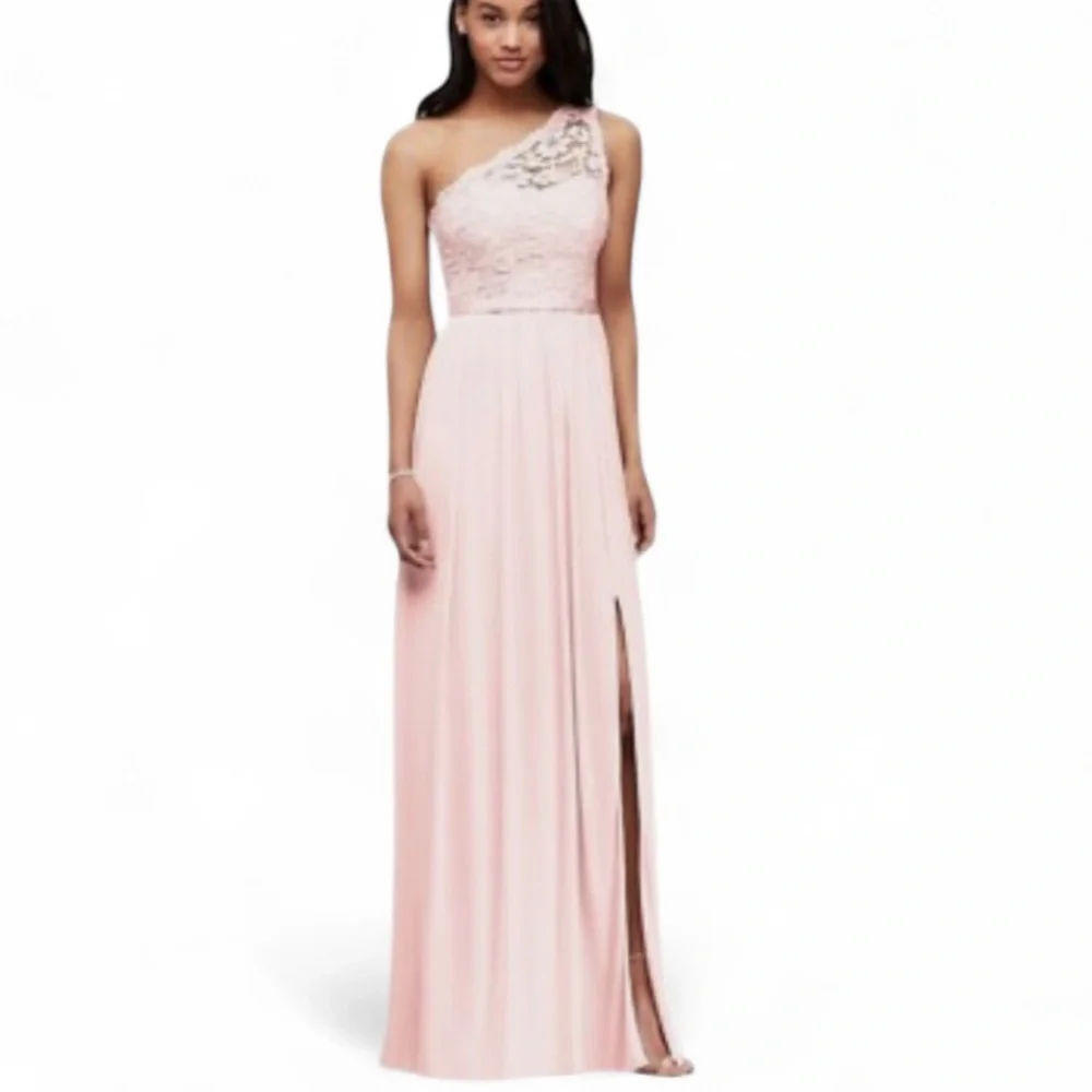 David’s Bridal pink one shoulder bridesmaid dress 18